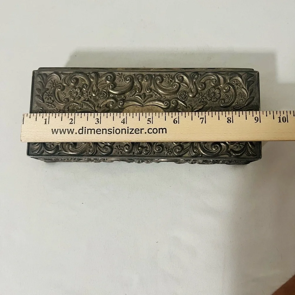 Vintage 1992 GODINGER SILVER Jewelry Trinket Box Heavy Floral Vine High Relief